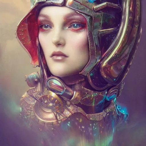 Prompt: tom bagshaw, rainbow lighting world curiosities carnival stars, photorealistic medium shot soft paint of a single very beautiful thicc female full long cyberpunk metallic armor ornate helmet face, accurate features, focus, very intricate ultrafine details, award winning masterpiece