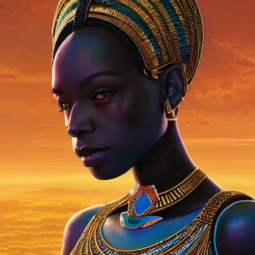 Image similar to highly detailed portrait of an african egyptian goddess, intricate alien technology, stephen bliss, unreal engine, fantasy art by greg rutkowski, loish, rhads, ferdinand knab, makoto shinkai and lois van baarle, ilya kuvshinov, rossdraws, tom bagshaw, global illumination, radiant light, detailed and intricate environment