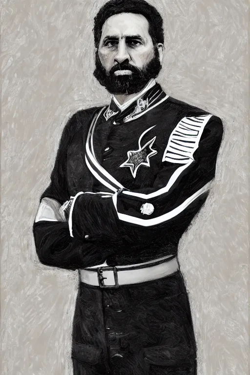 Image similar to full body portrait of the dictator of the san antonio spurs, 1 8 8 9, in full military garb, silver, black, white, greg popovich, oil on canvas by william sidney mount, trending on artstation