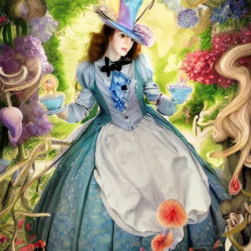 Prompt: Alice in Wonderland and the Mad Hatter, in the style of Japanese shoujo manga, inspired by pre-raphaelite paintings, mc Escher, John Singer Sargent, and Möbius, features marbled patterns, candles, lanterns, fungi, ethereal, playful, whimsical, gossamer lace and tulle, ethereal atmosphere, dramatic light, 4K shot, hyper detailed digital art