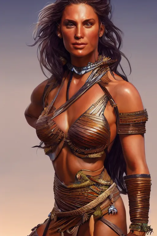 Prompt: supermodel stephanie seymor as an amazonian warrior, highly detailed, digital painting, artstation, concept art, smooth, sharp focus, illustration, Unreal Engine 5, 8K, art by Frank franzetta