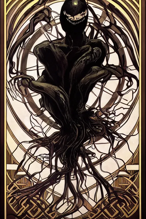 Prompt: a dramatic ethereal epic painting of Venom | tarot card, art deco, art nouveau, realistic | dramatic lighting | by Dresden Codak, by Mark Maggiori and Alphonse Mucha | trending on artstation