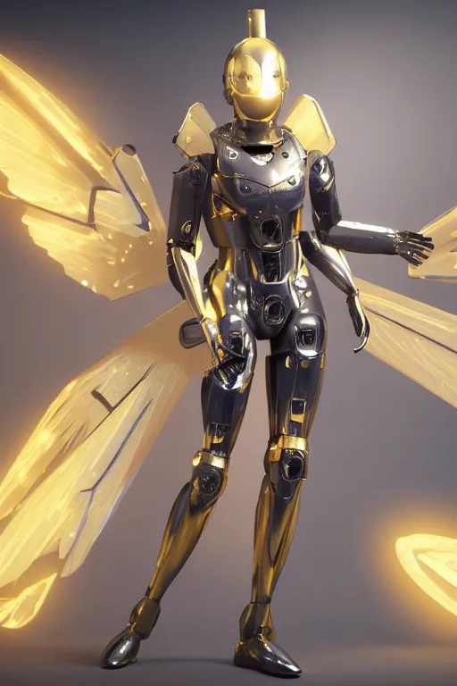 Image similar to maria of metropolis, humanoid robot, golden full body armor, deployed wings, beautiful helmet in the shape of a face, glowing yellow eyes, scifi, futuristic, raytracing, glowwave, sharp focus, cinematic lighting, artstation, divine, unreal engine 5 rendered, by fritz lang, art style by pixar warner bros dreamworks disney riot games and overwatch