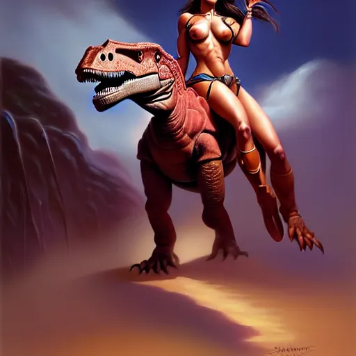 Prompt: portrait of an amazon girl riding a dinosaur, painted by stanley artgerm, boris vallejo, fantasy art, sleek curves, sharp focus, trending on artstation hq, deviantart