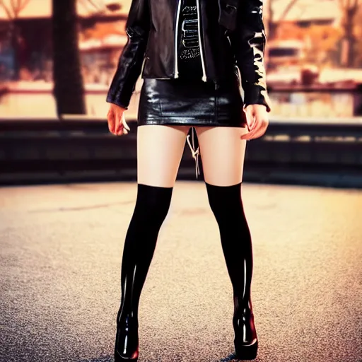 Image similar to a dynamic, epic cinematic 8K HD movie shot of a japanese beautiful cute young J-Pop idol actress yakuza rock star girl wearing leather jacket, miniskirt, nylon tights, high heels boots, gloves and jewelry. Motion, VFX, Inspirational arthouse, at Behance, with Instagram filters