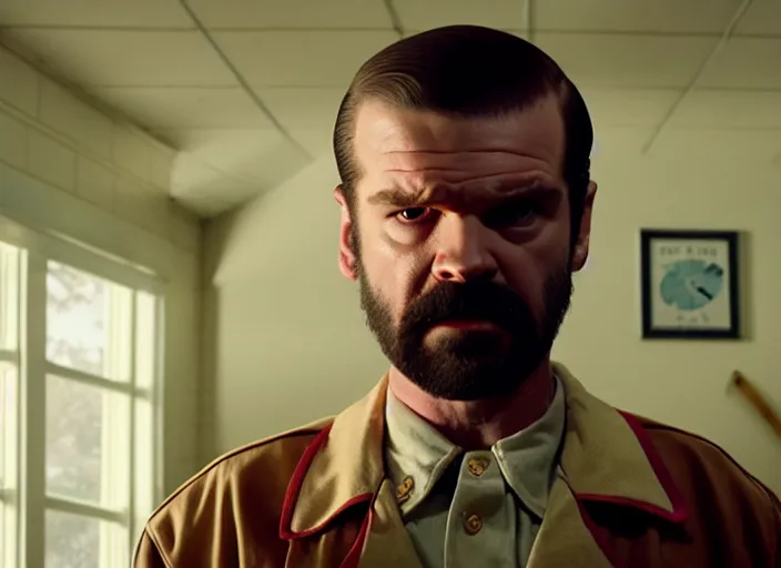 Image similar to film still of jim hopper as dustin henderson in stranger things, 8 k