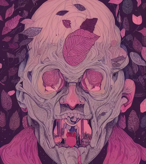 Prompt: portrait, nightmare anomalies, leaves of man by miyazaki, violet and pink and white palette, illustration, kenneth blom, mental alchemy, james jean, pablo amaringo, naudline pierre, contemporary art, hyper detailed