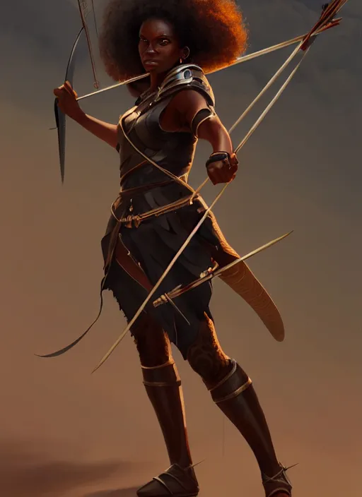 Prompt: full body portrait of beautiful black woman as a medieval archer, aiming her crossbow, cinematic and dramatic, highly detailed, digital painting, artstation, concept art, smooth, sharp focus, illustration, face by wlop, illustrated by mars ravelo and greg rutkowski