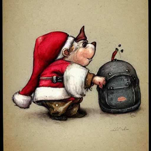 Image similar to a cute gnome wearing a santa outfit and backpack filled with coal + a mouse sits on the backpack + by jean baptiste monge