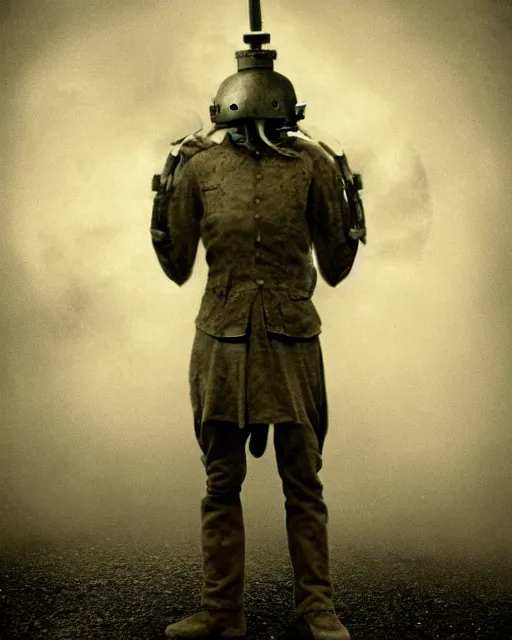 Image similar to full-body creepy realistic vintage photo central composition a decapitated soldier with futuristic elements. he welcomes you into the fog with no head, dark dimension, empty helmet inside is occult mystical symbolism headless full-length view. standing on ancient altar eldritch energies disturbing frightening eerie, hyper realism, 8k, sharpened depth of field, 3D