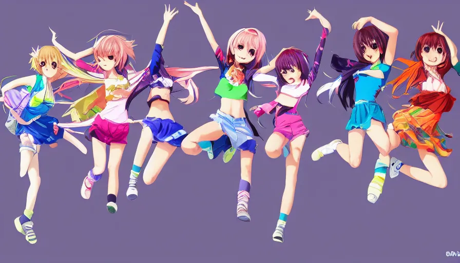 Image similar to three cute anime characters jumping, colorful outfits, realistic face, detailed face, detailed eyes, short miniskirts, lightly dressed, ultra detailed digital art, hyper real, detailed, group photo, ultra detailed, ground up angle