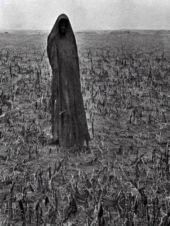 Prompt: portrait of faceless grim reaper standing in field of bones, ww1 photo, grainy, high detail, high resolution,