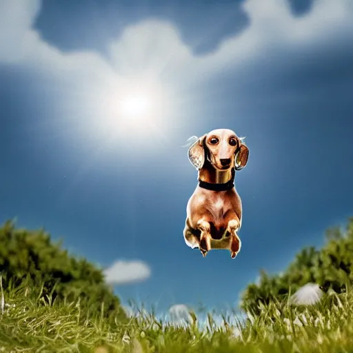 Image similar to elderly light gray wire-haired dachshund with long hair floating in heaven, jumping through blue sky, white clouds