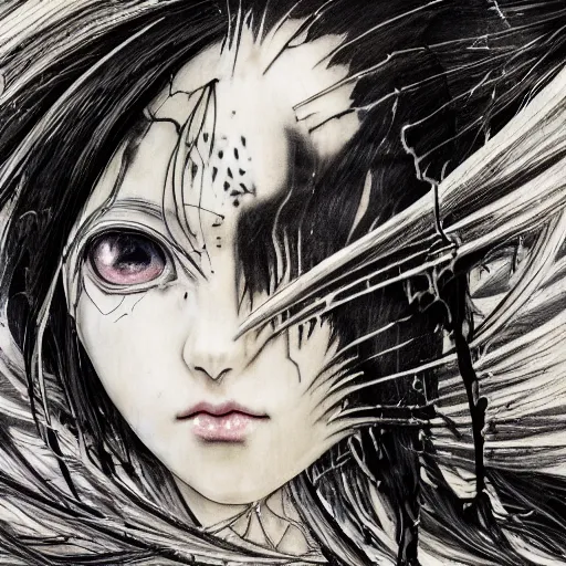 Prompt: Yoshitaka Amano realistic illustration of an anime girl with black eyes, long wavy white hair fluttering in the wind and cracks on her face wearing organic elden ring armor with engraving, abstract black and white patterns on the background, noisy film grain effect, highly detailed, Renaissance oil painting, weird portrait angle, blurred lost edges, three quarter view
