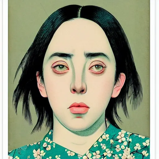 Image similar to “ billie eilish portrait by ikenaga yasunari and ayana otake and ko rakusui, 6 0 s poster, drawing, realistic, sharp focus, japanese, dreamy, nostalgia, faded, golden hues, floral clothes ”