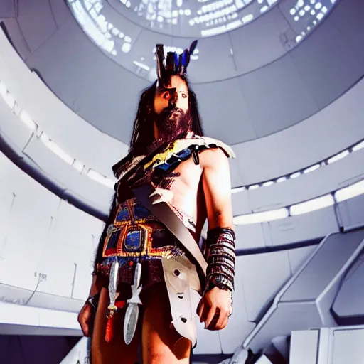 Image similar to portrait of iroquois warrior standing in front of a space ship command center, fashion editorial photography, waist up, low angle