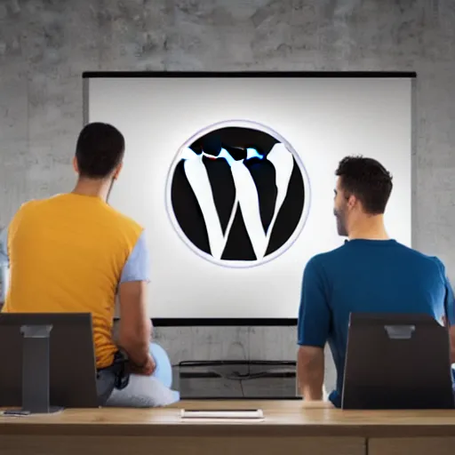 Prompt: developers sitting in front of a screen, removing wordpress with a hammer