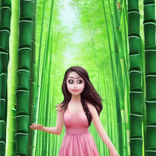 Prompt: A young beautiful giantess with a pretty face,she has green eyes, a cute nose and pink lips,she is wearing a sundress and a face mask, she is walking in a bamboo forest ,detailed body and eyes,proper anatomy, beautiful lighting,,digital art , highly detailed , high contrast, beautiful lighting, award winning , trending on art station, 8k, photo realistic,unreal engine 5