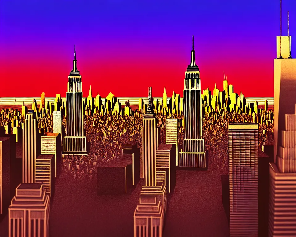 Image similar to new york in the future, empire state building, statue of liberty, city streets, golden hour, perspective artwork, photorealism