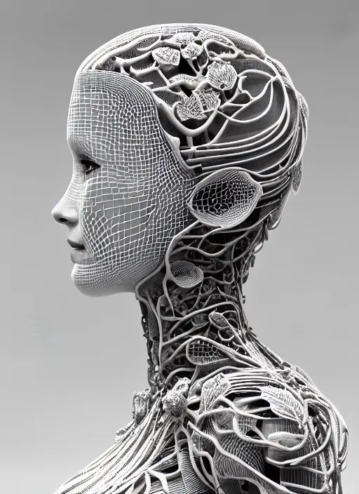 Image similar to complex 3d render ultra detailed of a beautiful porcelain profile woman face, black eyes, mechanical vegetal dragon cyborg, 150 mm, beautiful natural soft light, rim light, silver vanilla details, neural network, synapsis, magnolia big leaves and stems, roots, fine foliage lace, maze like, mesh wire, intricate details, hyperrealistic, ultra detailed, mandelbrot fractal, anatomical, white metal neocubism armor, facial muscles, cable wires, microchip, elegant, octane render, black and white, H.R. Giger style, 8k, trending on Artstation, unreal engine
