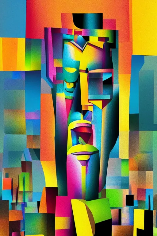 Image similar to cubist moai statue cutout digital illustration cartoon colorful beeple