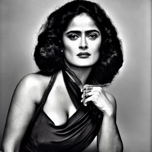 Image similar to salma hayek portrait, style by frida kahlo, art deco, portrait,