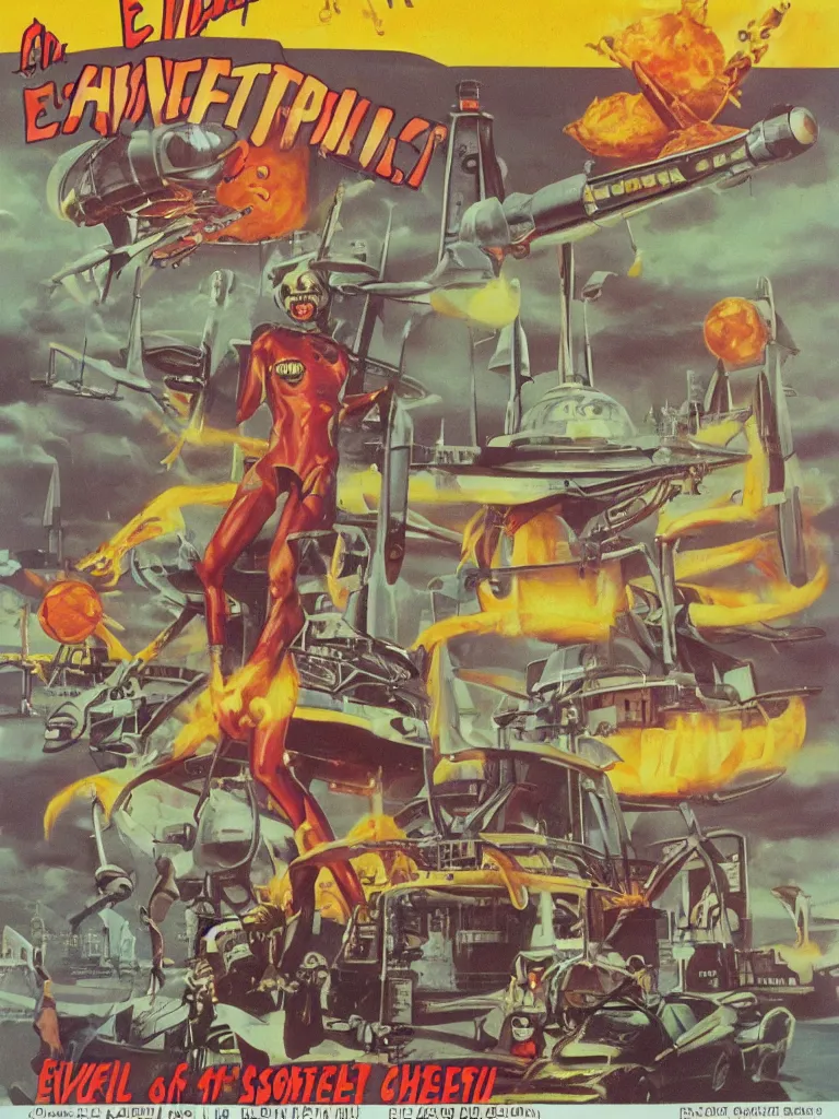 Image similar to evil alien cheeseburger stands on a beach rockets are landing in the background, forbidden planet, pulp sci fi, poster