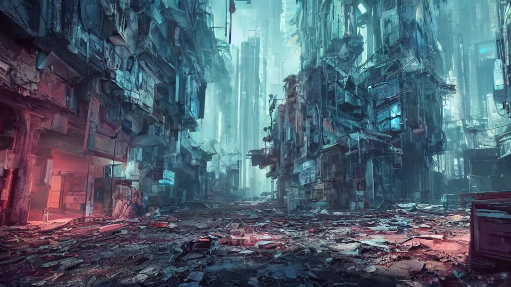 Image similar to exploring an abandoned, derelict, decaying, cyberpunk city, concept art, cinematic, volumetric lighting, futuristic,, hyperrealistic, highly detailed, colourful 4 k hd