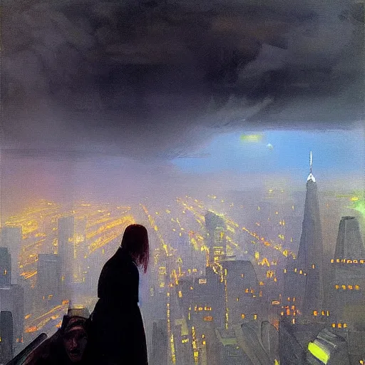 Prompt: “ a girl looking down at a futuristic new york city below, ghostpunk, fog, storm clouds, rain, detailed face, oil painting, by george bellows ”