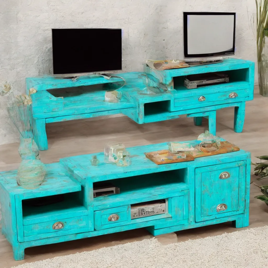 Prompt: turquoise tv unit caribbean detail, realistic, modern