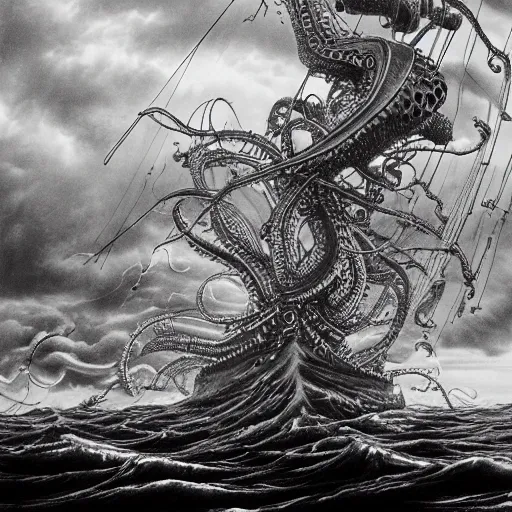 Image similar to a highly detailed hyperrealistic scene of a ship being attacked by giant squid tentacles, jellyfish, squid attack, dark, voluminous clouds, thunder, stormy seas, pirate ship, dark, high contrast, yoji shinkawa, scary, m.c. Escher, highly detailed, brutal, beautiful, octopus arms attacking the ship from the storm, illusion