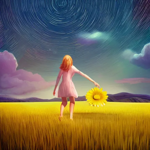 Image similar to giant daisy flower as a head, girl walking in wheat field, hills, surreal photography, dark night, star trails, dramatic light, impressionist painting, clouds, digital painting, artstation, simon stalenhag