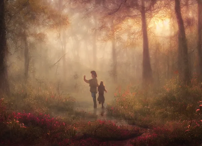 Image similar to misty swamp in early morning, hazy fog, sundown golden hour firefly wisps, Lilia Alvarado, Sophie Anderson, Mark Arian, Bob Byerley, Charlie Bowater, Mark Brooks, Steve Henderson, Justin Gerard, Arthur Hughes, Edward Robert Hughes, Mark Keathley, Victor Nizovtsev, Carlos Shwabe, Ross Tran, WLOP