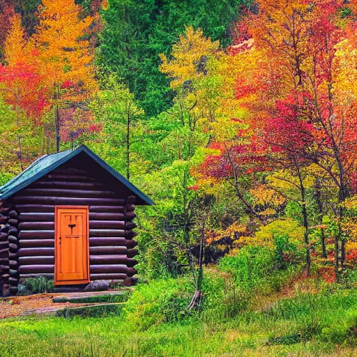 Prompt: a cabin on a small hill surrounded by colorful trees