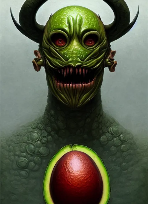 Image similar to avocado mf doom devil eyes, the devil's avocado, avocado skin. intricate, elegant, highly detailed, centered, digital painting, artstation, concept art, smooth, sharp focus, illustration, artgerm, tomasz alen kopera, peter mohrbacher, donato giancola, joseph christian leyendecker, wlop, frank frazetta