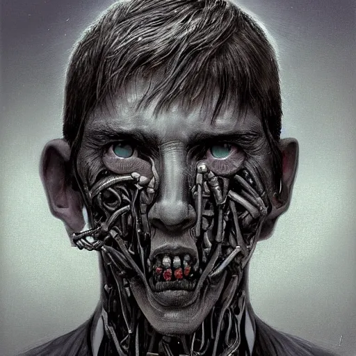 Prompt: surreal portrait of a man by Greg Rutkowski and H.R Giger, symmetrical face, he is about 30 years old, west slav features, short blonde hair with bangs, attractive, smart looking, slim, somewhat androgenic, transformed into a kind of biomechanical transhuman god, disturbing, terrifying but fascinating, with a determined and sinister expression on his face, cosmic void background, frightening, fascinating, highly detailed portrait, digital painting, book cover, artstation, concept art, smooth, sharp foccus ilustration, Artstation HQ