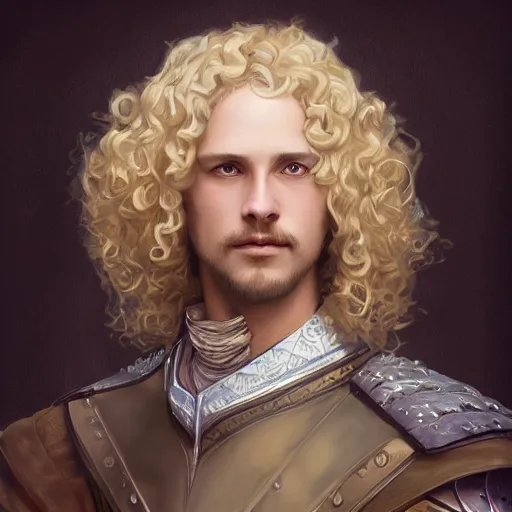 Image similar to blonde curly-haired medieval nobleman, D&D, doublet, painted fantasy character portrait, highly detailed, digital painting, artstation, concept art, sharp focus, illustration, art by artgerm and greg rutkowski and alphonse mucha