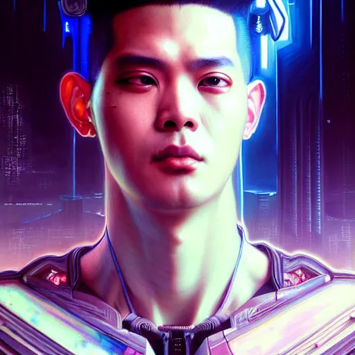 Prompt: portrait painting of a cyberpunk jackson wang, ultra realistic, concept art, intricate details, eerie, highly detailed, photorealistic, octane render, 8 k, unreal engine. art by artgerm and greg rutkowski and magali villeneuve and alphonse mucha