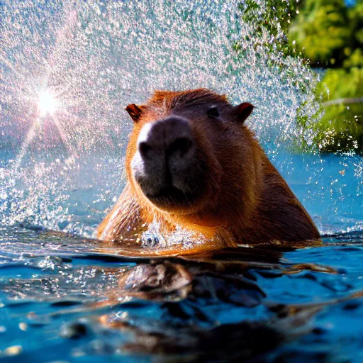 Image similar to a capybara swimming in the ocean while eating a watermelon, cinematic shot, sun rays, photo