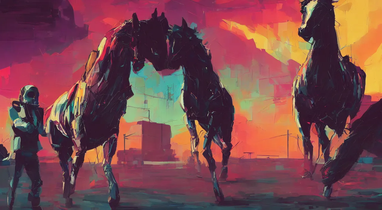 Prompt: a graph style gauche impasto, the horse is not mine, cyberpunk art by james gilleard, city depth of field, cgsociety, retrofuturism, synthwave, retrowave, outrun, realistic.