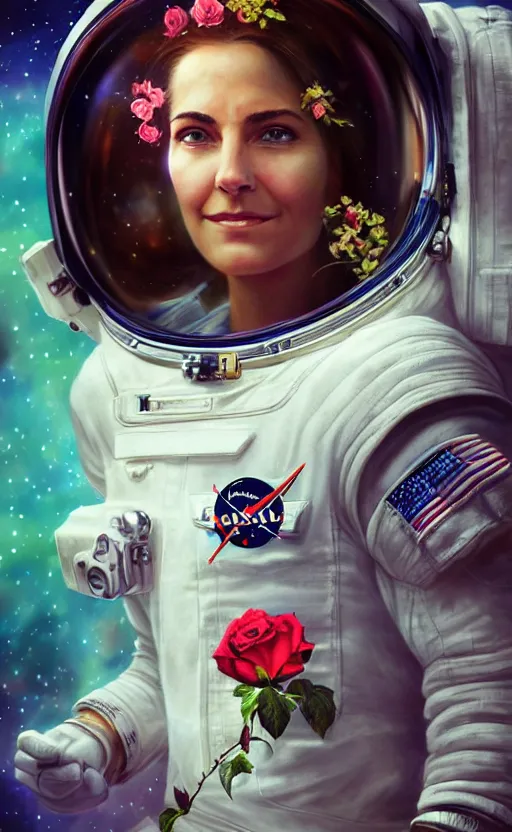 Image similar to astronaut in space with a rose flower crown, sharp focus, intricate, elegant, digital painting, artstation, matte, highly detailed, concept art, illustration, volumetric lighting, bokeh light, art by greg olsen and liz lemon swindle