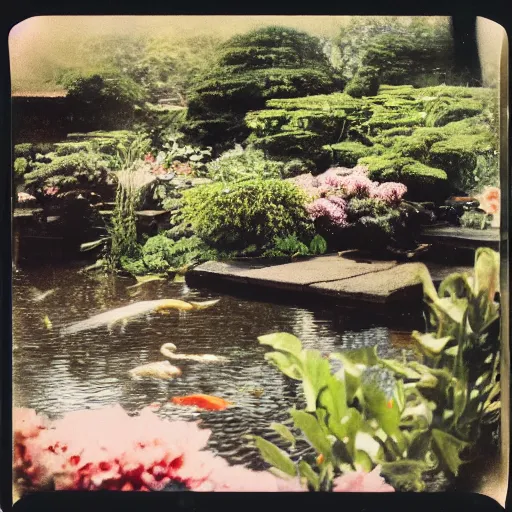 Prompt: the flowers are really bedraggled and the koi have been lethargic all summer, parched foliage, blue skies, midday sunlight, 1960s polaroid photo, concept art,