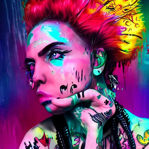 Prompt: splashes of neon roses, mowhawk, punk women portrait made out of paint, trending on artstation, epic composition, emotional, beautiful, rendered in octane, highly detailed, realistic, tim burton comic book art, sharp focus, unreal engine