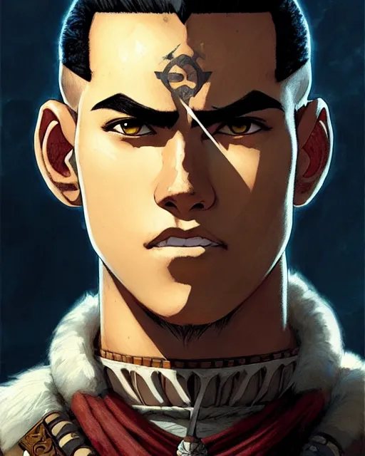 Image similar to sokka from avatar the last airbender, character portrait, portrait, close up, concept art, intricate details, highly detailed by greg rutkowski, michael whelan and gustave dore