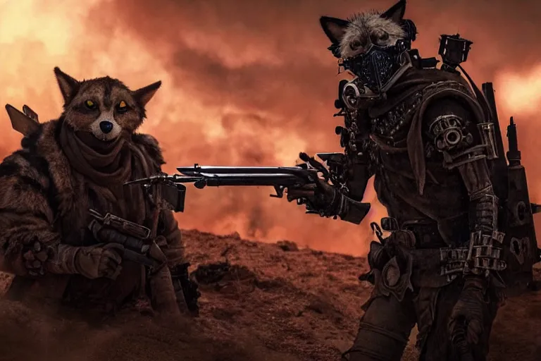 Image similar to a fursona ( from the furry fandom ), heavily armed and armored facing down armageddon in a dark and gritty version from the makers of mad max : fury road.