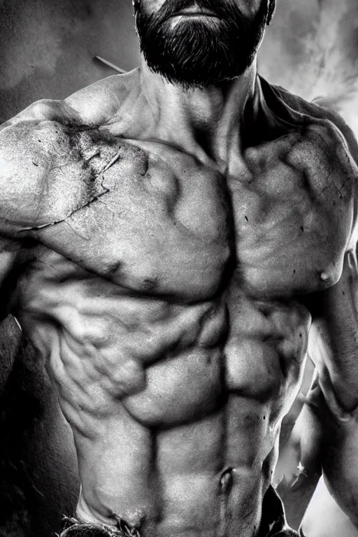 Image similar to a single muscular man wearing torn clothes, looking to the right, profile picture, hyperrealistic, concept art, octane render, unreal engine 5, trending on artstation, high quality, highly detailed, 8 k, dramatic lighting, cinematic, high coherence, anatomically correct, five fingers, digital art, seductive, black and white, big beard