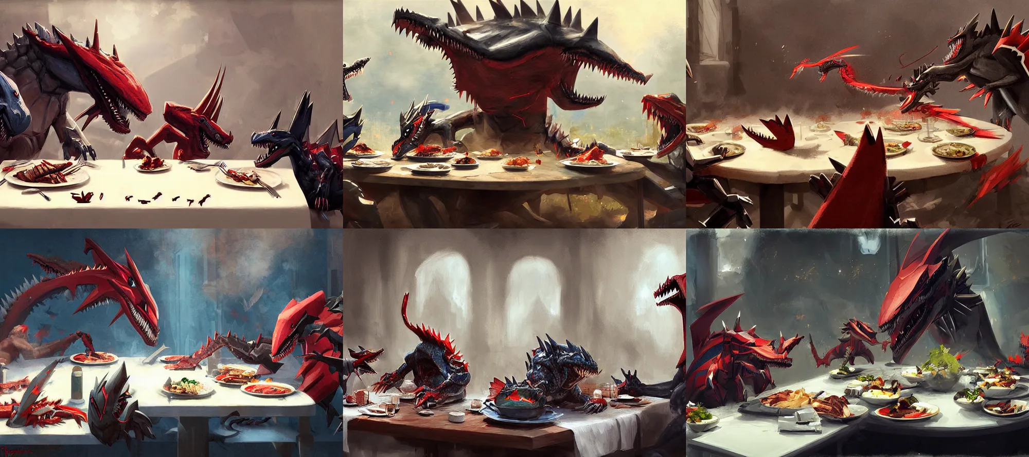 Prompt: garchomp and groudon eating dinner at a table happiness is temporary by greg rutkowski