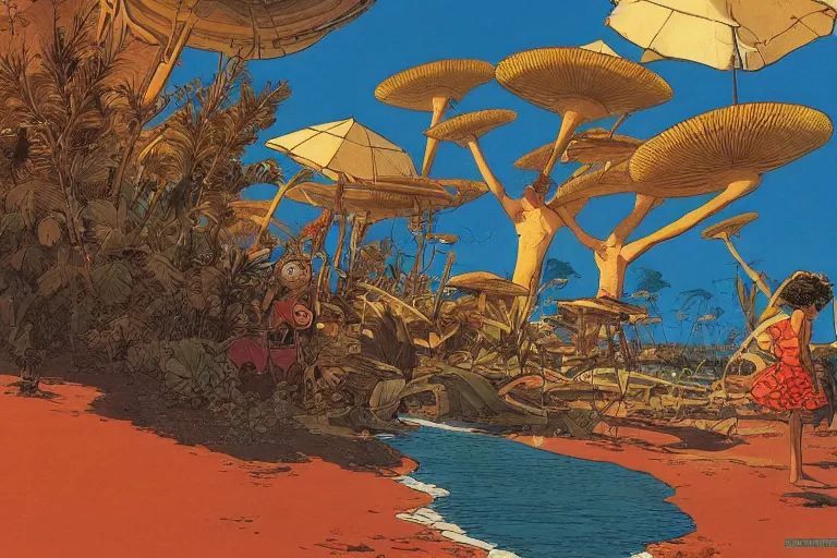 Image similar to most blues, evangelionic illustration, children playing at the beach, atomic explosion, a lot of exotic vegetation, oldschool vintage sci - fi flat surreal design, super - detailed, oil painting by moebius and satoshi kon, hd, 4 k, high quality