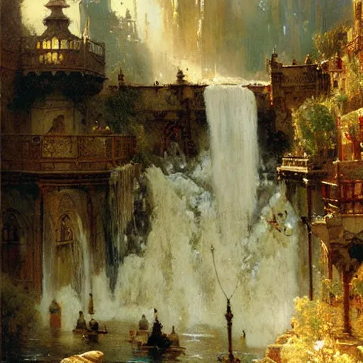 Image similar to waterfall flooding an entire city. victorian age. highly detailed painting by gaston bussiere, craig mullins, j. c. leyendecker