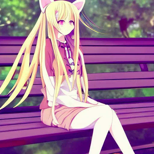 Image similar to picture of an anime girl with cat ears and long blond hair looking to her side, sitting on a bench with a park behind her, bokeh, anime art style, highly detailed, cartoon, cel - shaded, colorful, animated, trending